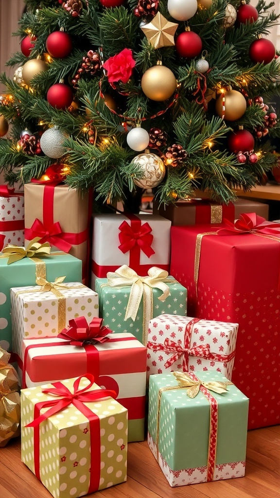 A collection of colorful Christmas gifts under a decorated tree with holiday ornaments.